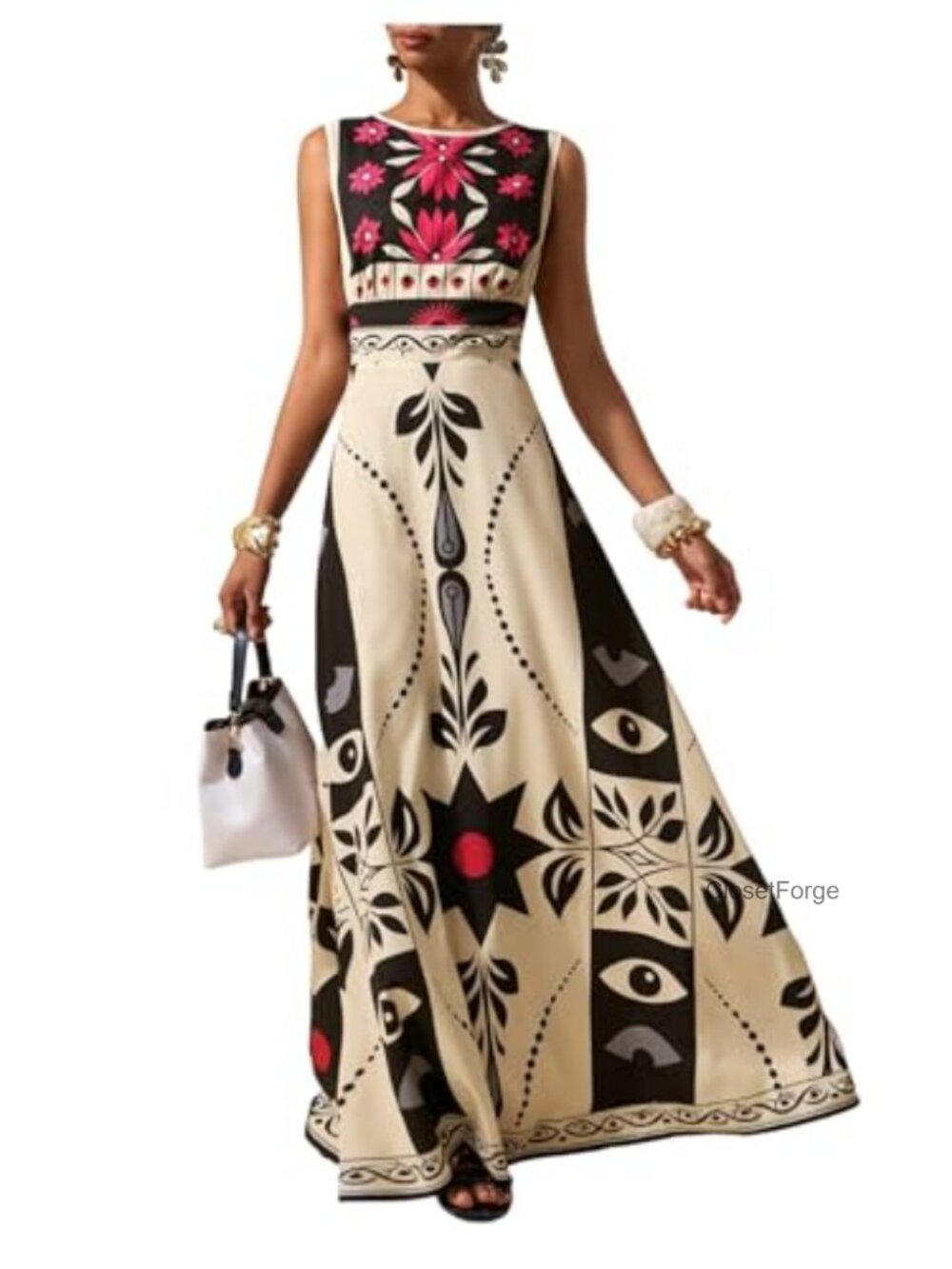 Sleeveless Floral Maxi Dress Ruffle Hem Boho Festival Dress